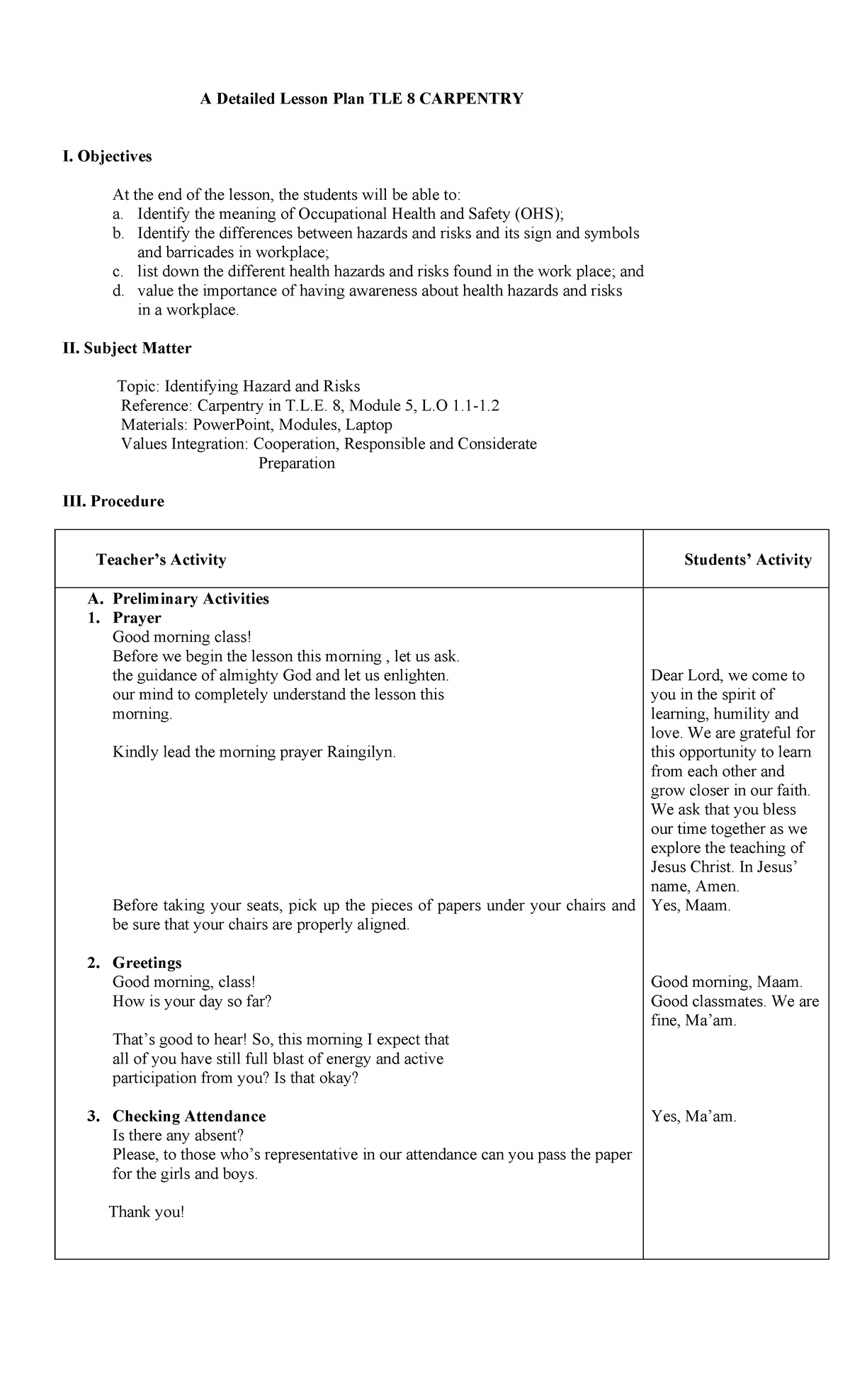 DEMo Detailed Lesson PLAN Carpentry 8 - A Detailed Lesson Plan TLE 8 ...