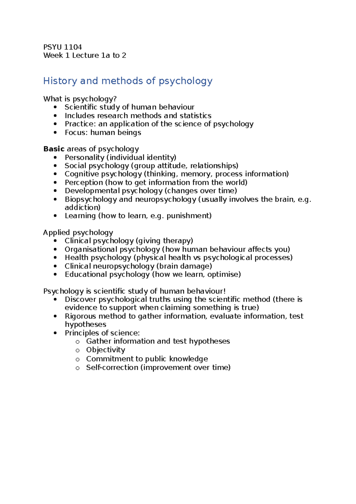 Lecture 1a to 2 - History and Methods of Psychology - PSYU 1104 Week 1 ...