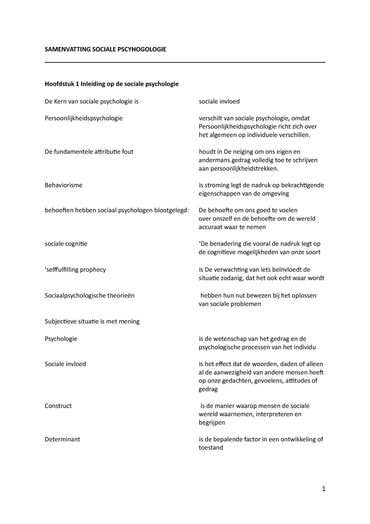 Samenvatting Begrippenlijst Sociale Psychologie Samenvatting Sociale Pscyhogologie Hoofdstuk 1 