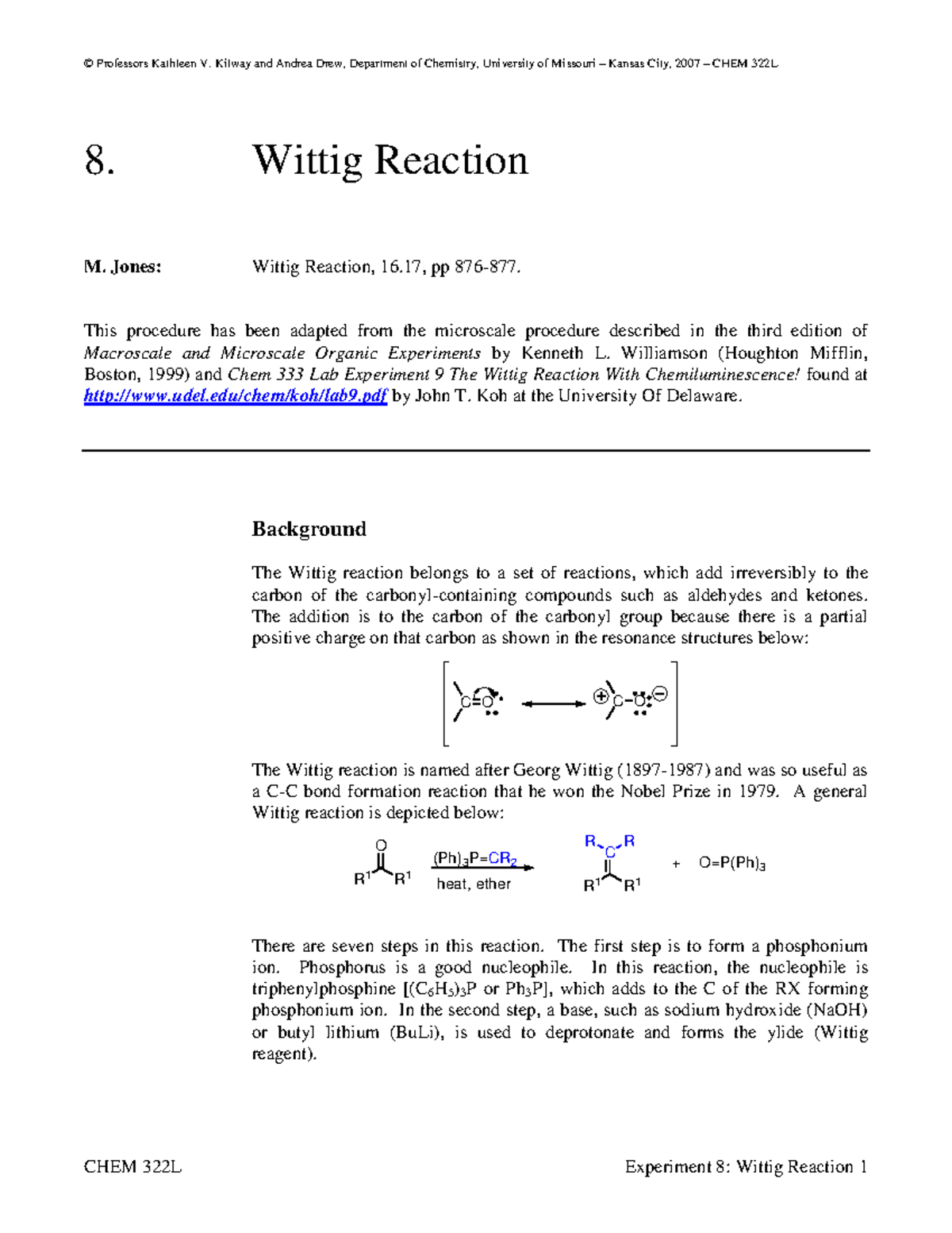 Lab08Handout Wittig Reaction 322L - © Professors Kathleen V. Kilway And ...