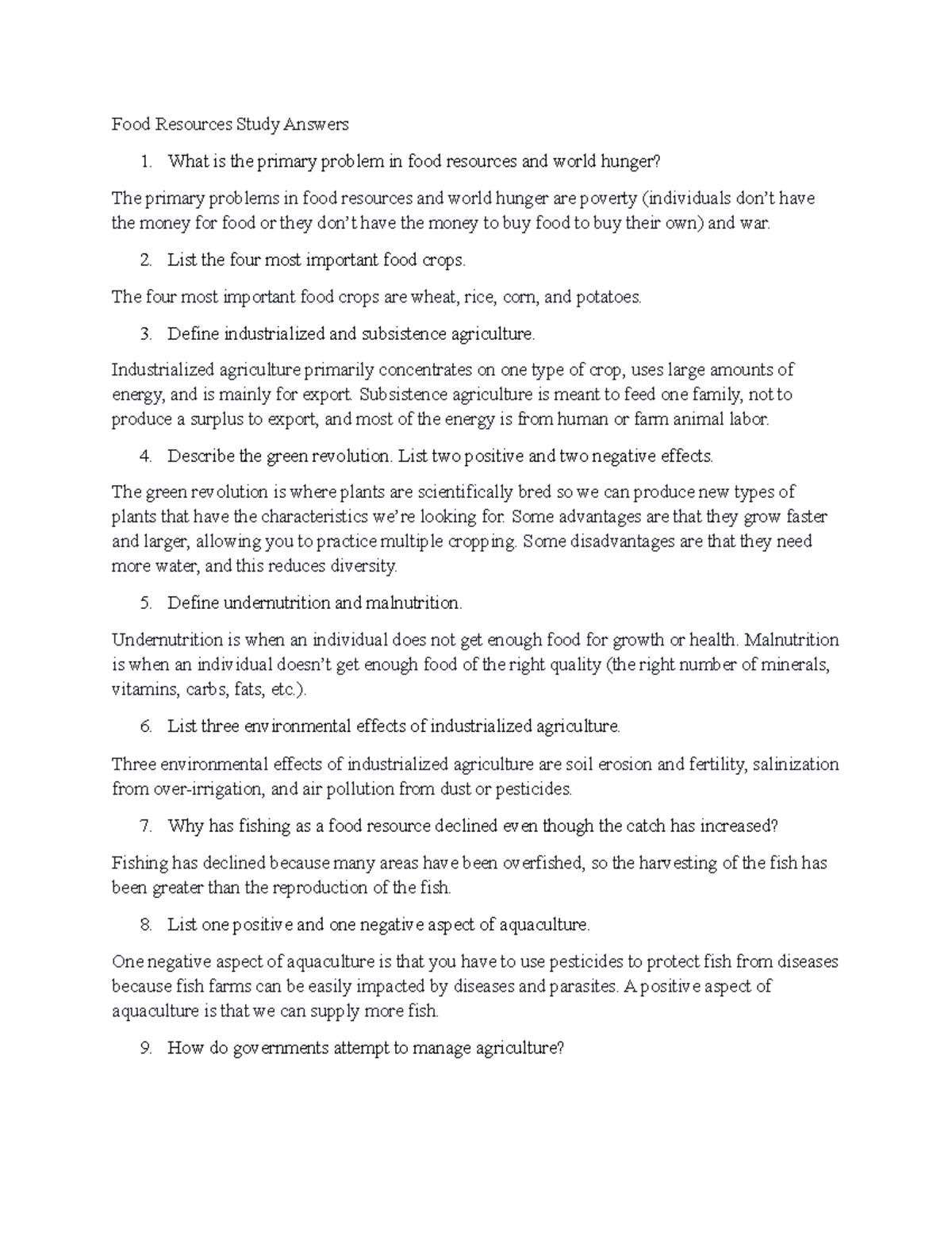 Food Resources Study Answers List the four most important food crops