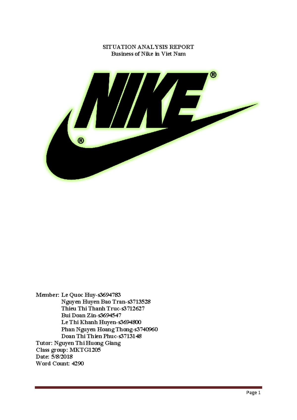 Sample Report Nike - nike - SITUATION ANALYSIS REPORT Member: Le Quoc ...