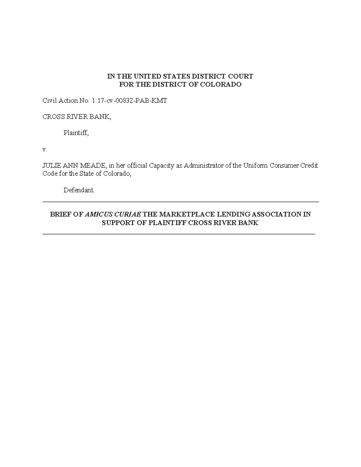Amicus Curae Cross River v Meade IN THE UNITED STATES DISTRICT