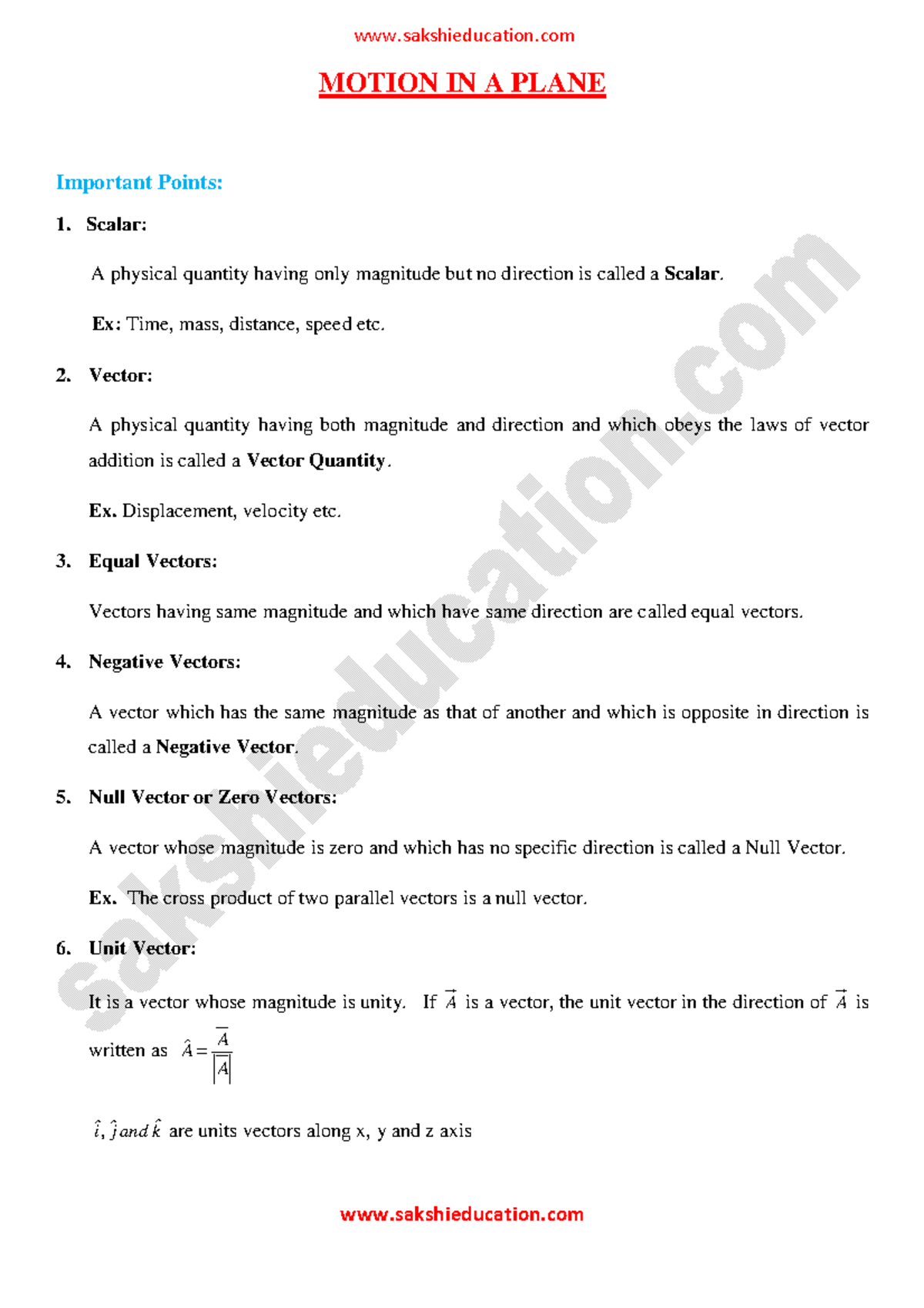 4.Motion in a Plane - Physics - MOTION IN A PLANE Important Points: 1 ...