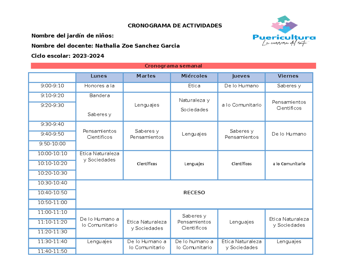 Cronograma DE Actividades (1) (1) - CRONOGRAMA DE ACTIVIDADES Nombre
