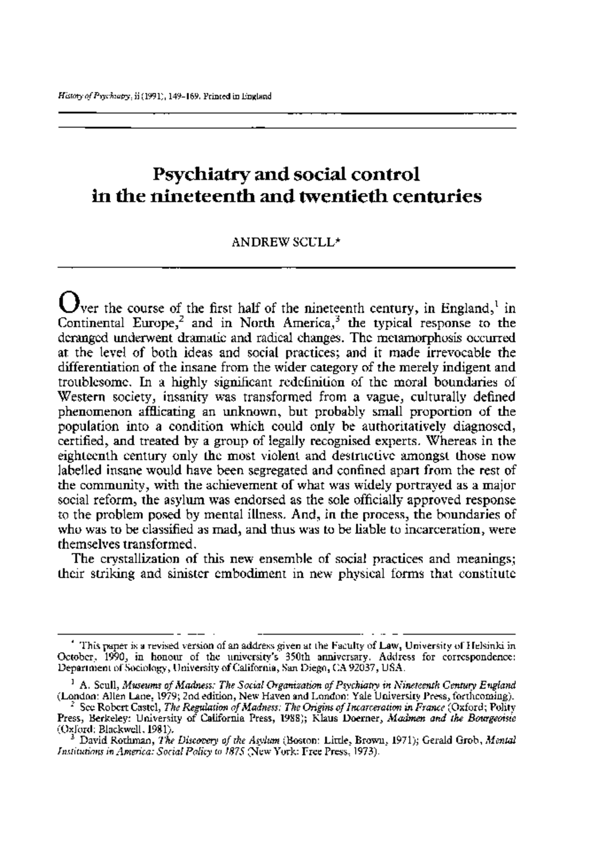 Scull Psychiatry and Social Control 149 Psychiatry and social