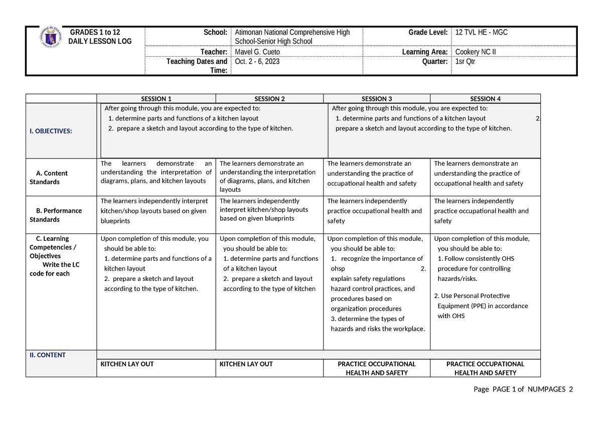 Week-6 - cookery - GRADES 1 to 12 DAILY LESSON LOG School: Atimonan ...