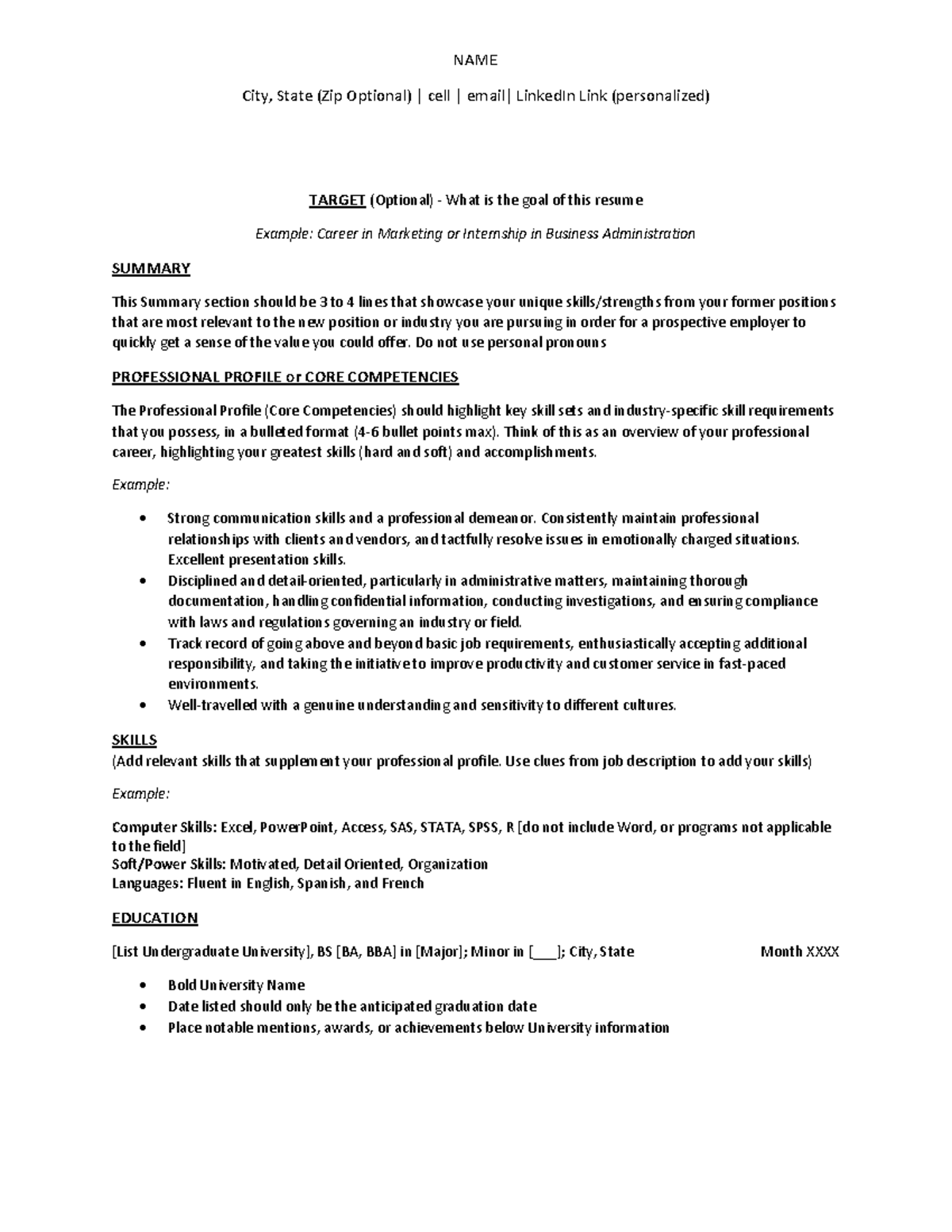 Sample resume name city state zip optional cell email