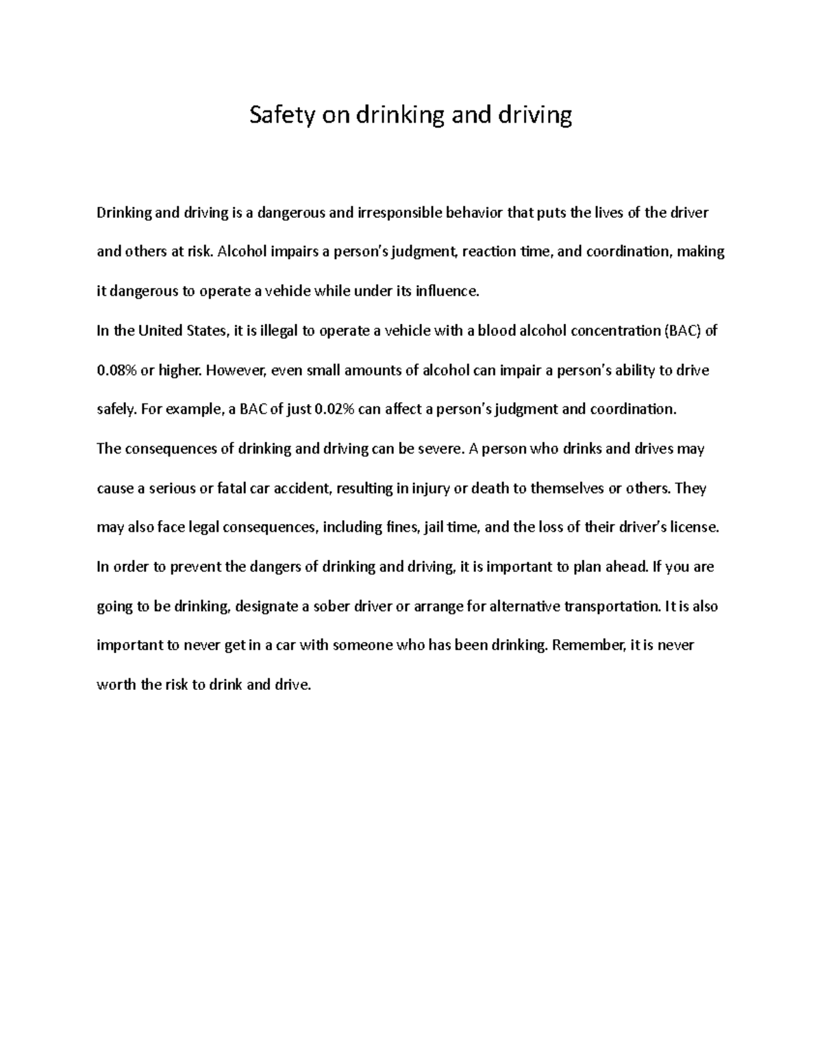 DrivingON a summary on the danger of drinking and driving Safety on drinking and driving