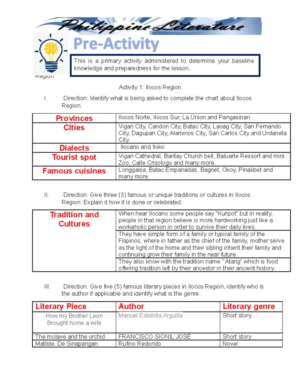 ACT 4 - ok na yan - Activity 1: Ilocos Region Activity 1: Ilocos Region ...