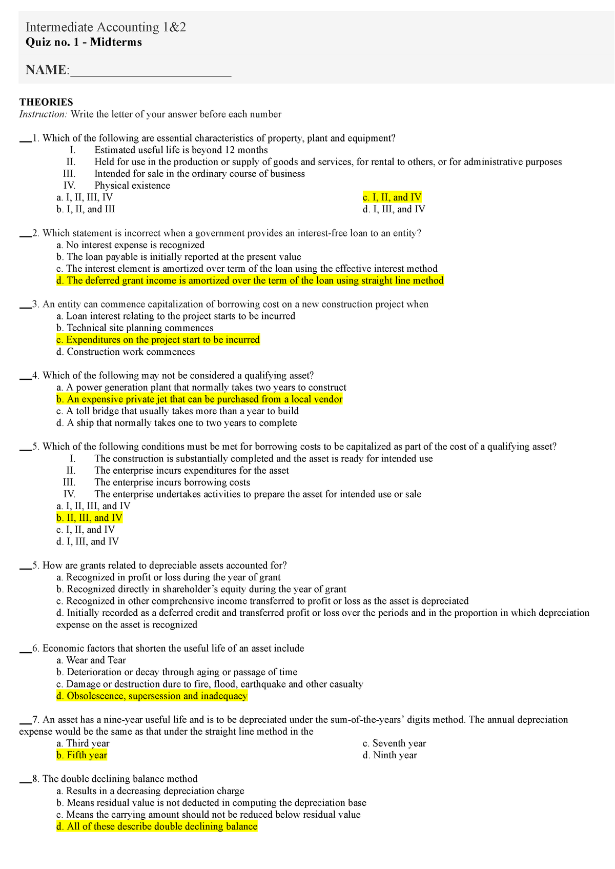 Quiz No. 1 BSA2102-1C With Answers - Intermediate Accounting 1& Quiz No ...