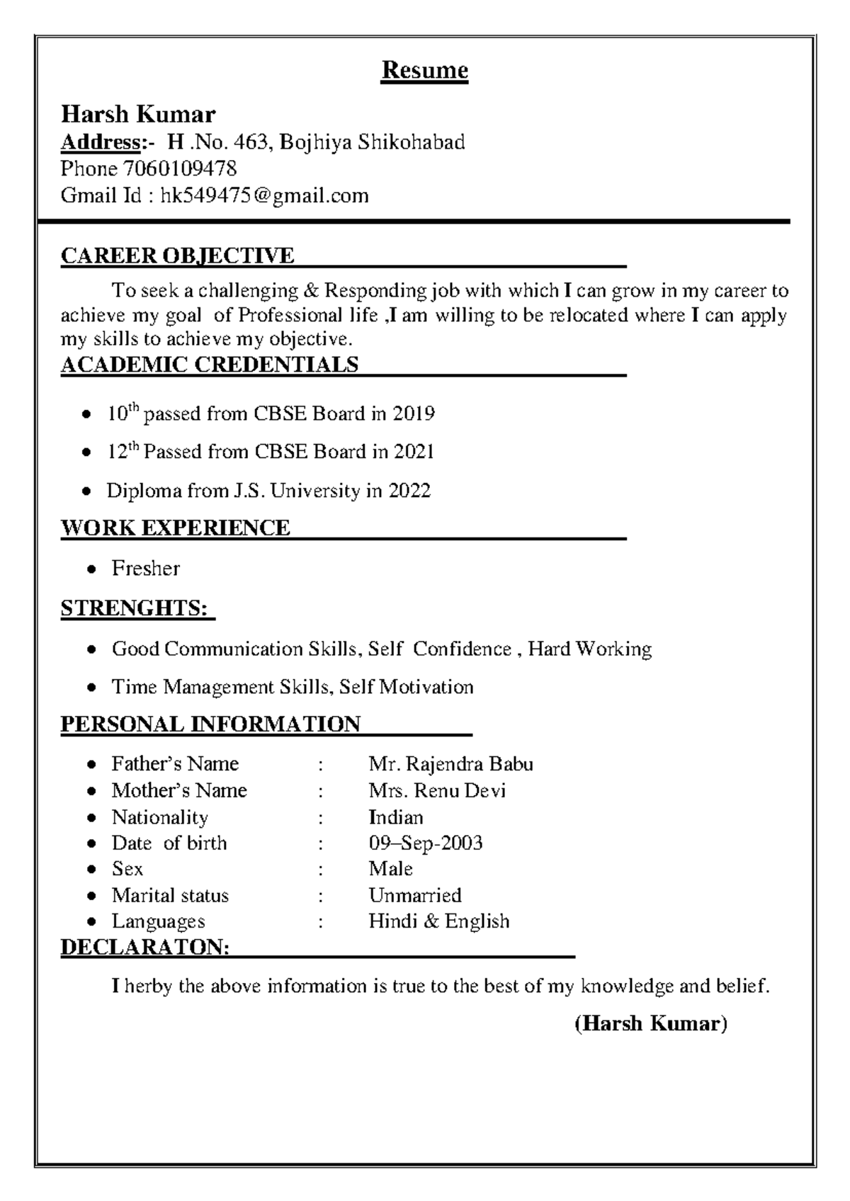 DOC-20220827-WA0004 - Resume Harsh Kumar Address:- H .No. 463 , Bojhiya ...