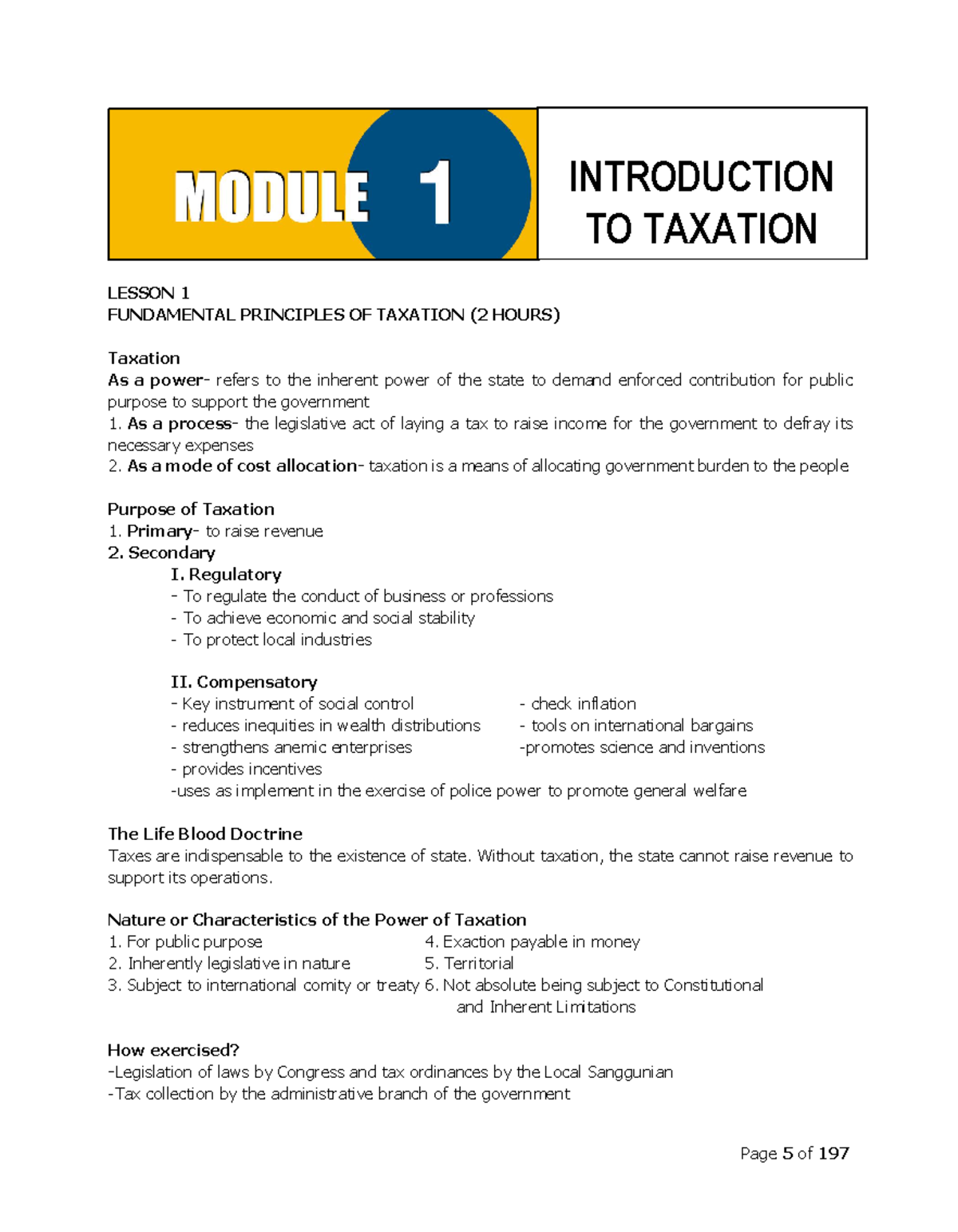 Lesson 1 - LESSON 1 FUNDAMENTAL PRINCIPLES OF TAXATION (2 HOURS ...