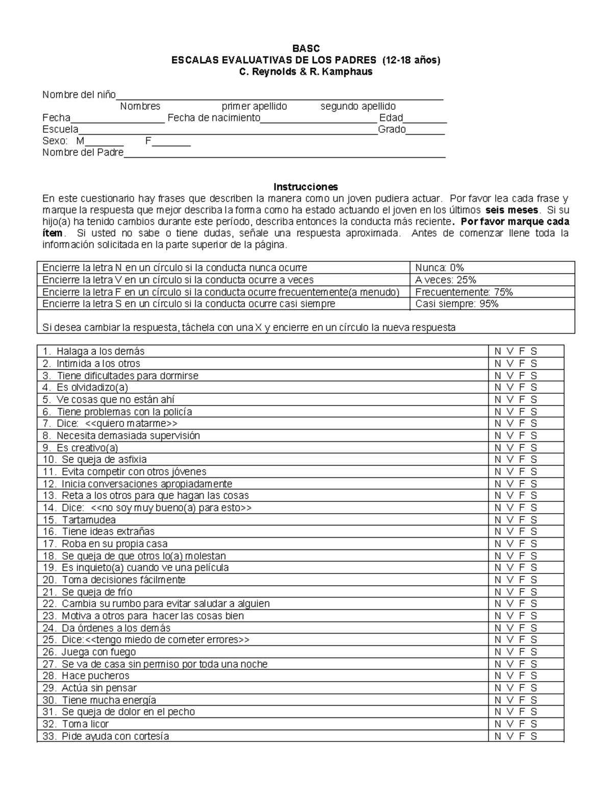 Basc Padres Y Maestros Basc Escalas Evaluativas De Los Padres A Os C