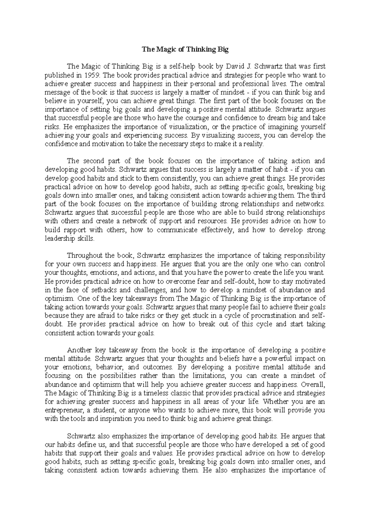 Summary Of The Book Title The Magic of Thinking Big The Magic of