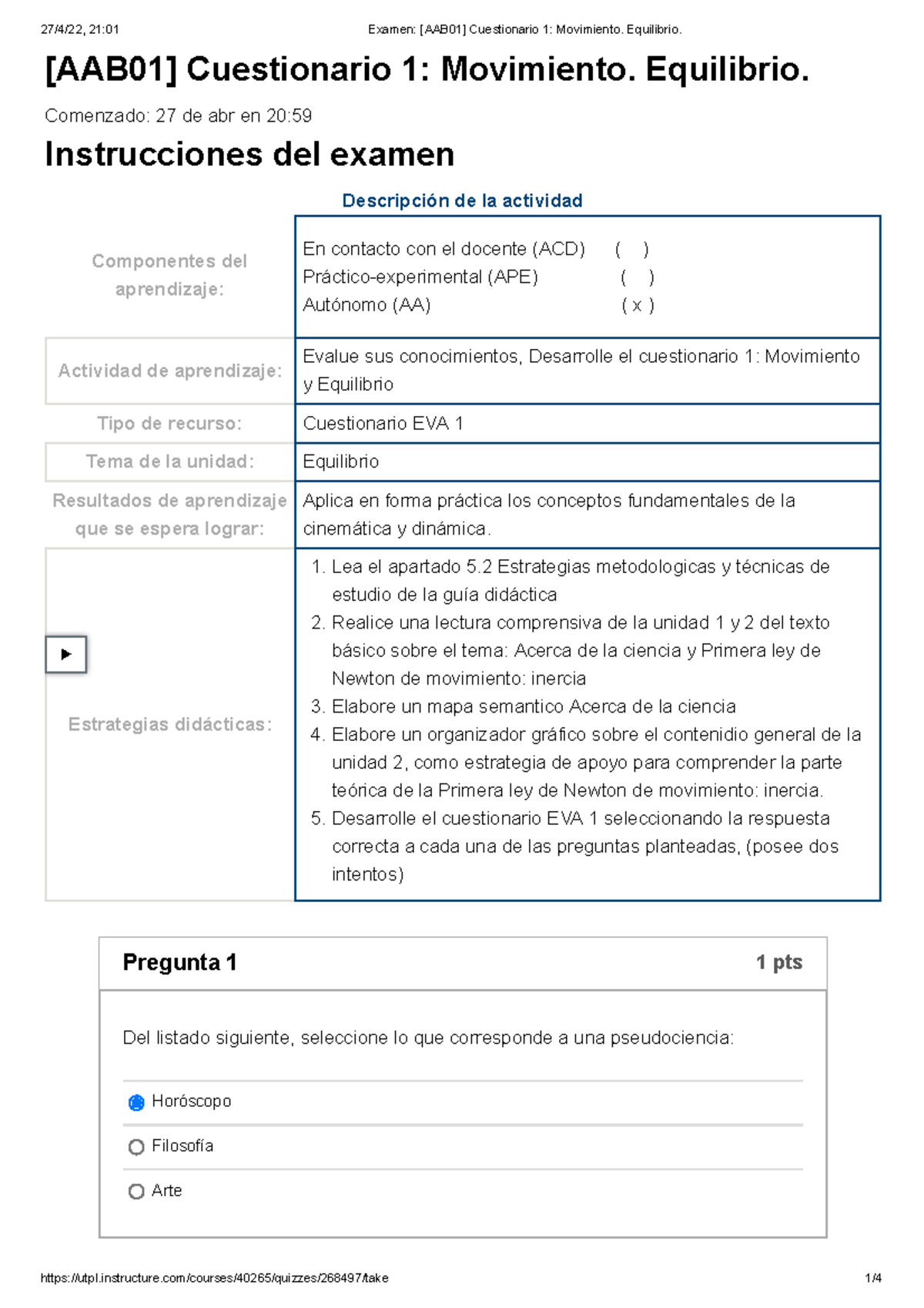 Examen [AAB01] Cuestionario 1 Movimiento. Equilibrio - [AAB01 ...