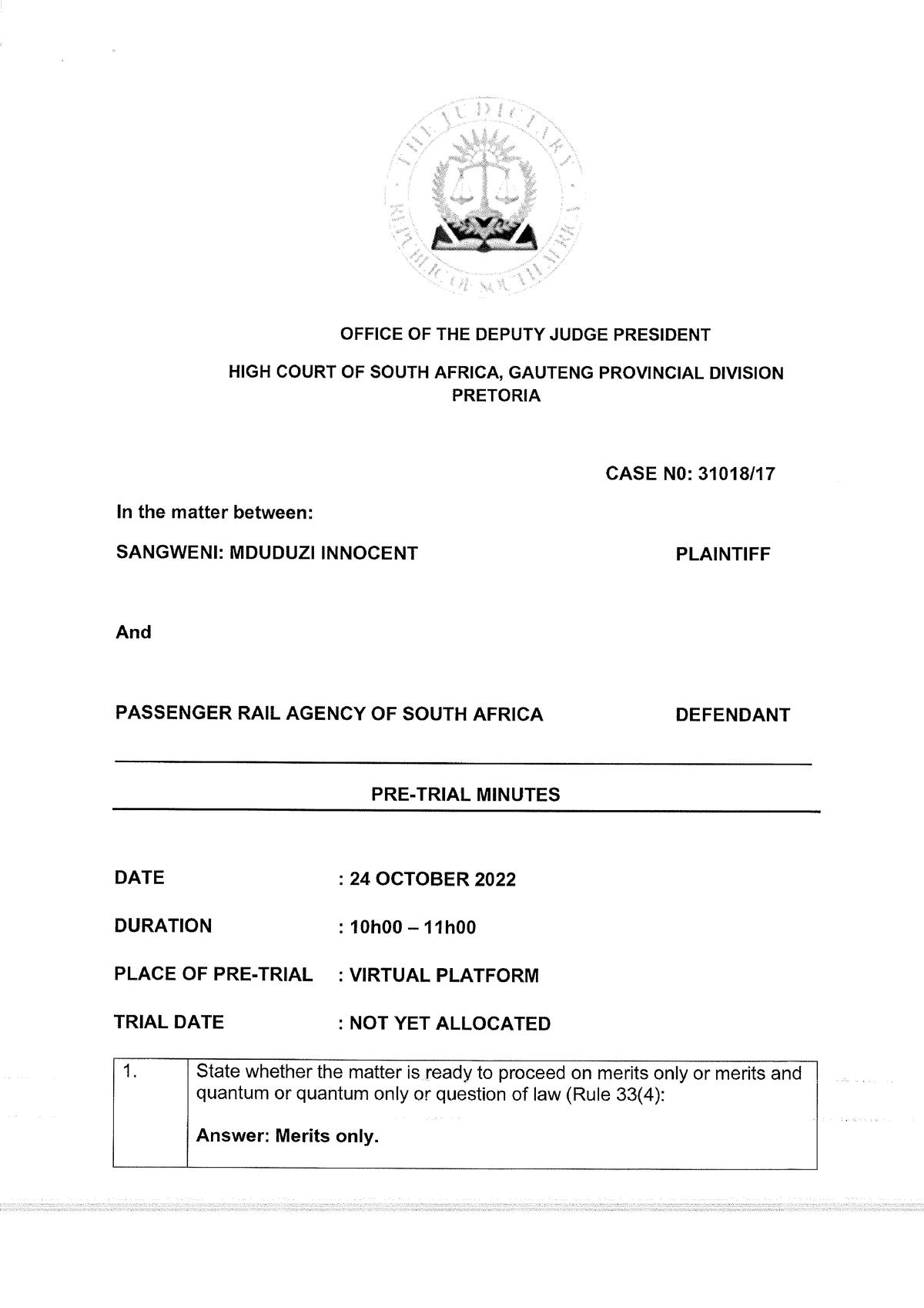 MI Sangweni Unsigned PRE- Trial Minutes AS Amended - LEV 3701 - Studocu