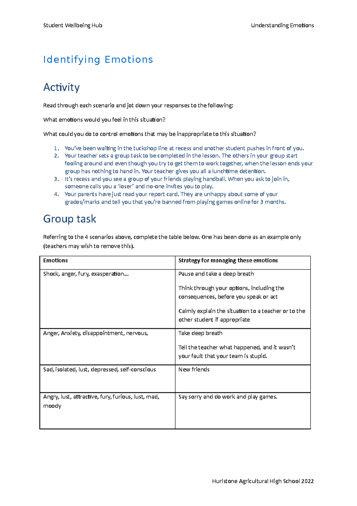 Identifying Emotions - Worksheet english - Student Wellbeing Hub ...