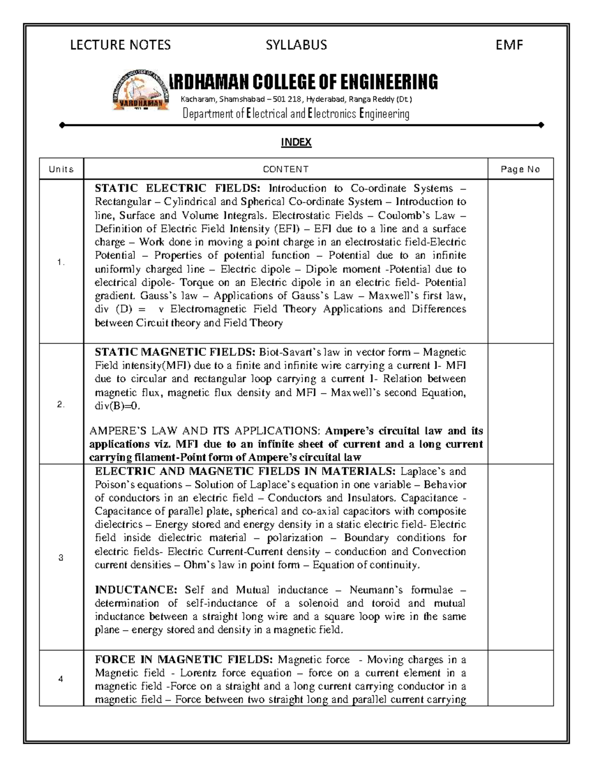 Electro-Magnetic-Fields - LECTURE NOTES SYLLABUS EMF VARDHAMAN COLLEGE ...