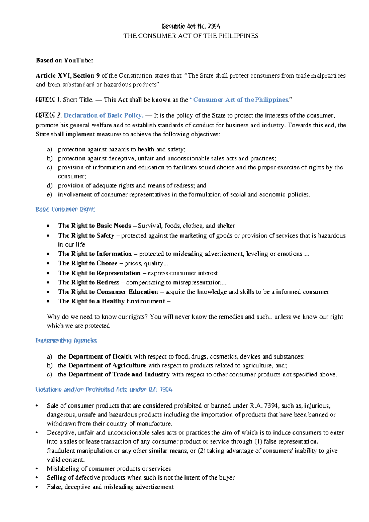 Consumer-Act-Notes - Republic Act No. 7394 THE CONSUMER ACT OF THE ...