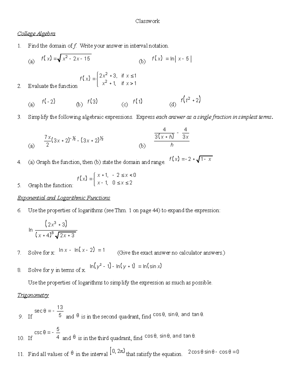 college algebra 1.1 homework