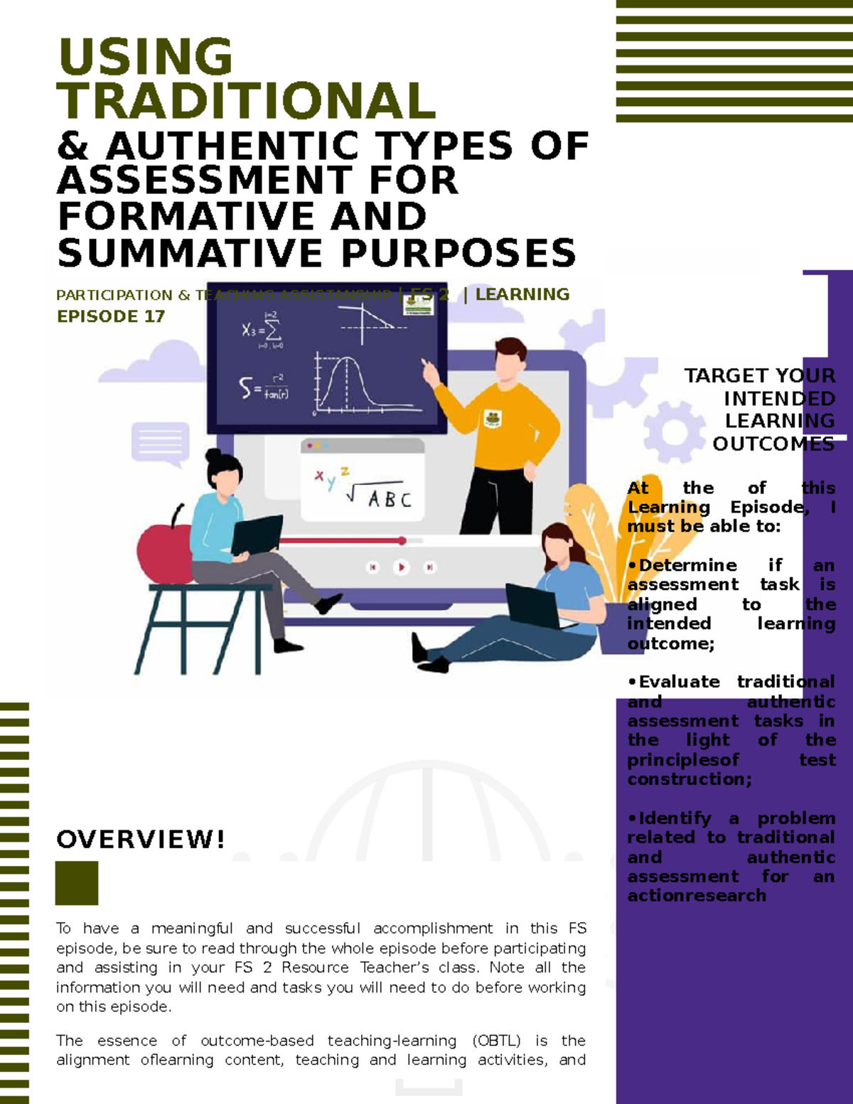 Learning Episode 17 FIELD STUDY USING TRADITIONAL & AUTHENTIC TYPES OF ASSESSMENT FOR Studocu
