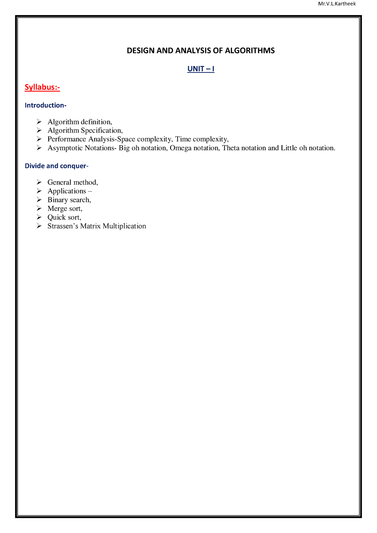 DAA UNIT-1 Notes - DESIGN AND ANALYSIS OF ALGORITHMS UNIT – I Syllabus ...