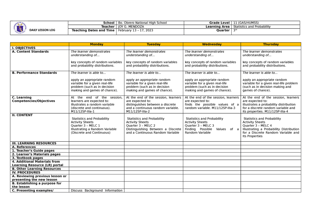 Daily Lesson LOG SP - to serve as guide - School Bo. Obrero National ...