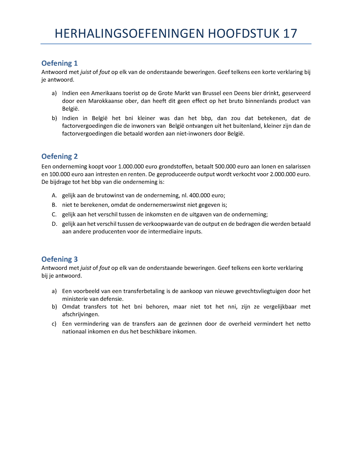 Herhalingsoefeningen H17 - HERHALINGSOEFENINGEN HOOFDSTUK 1 7 Oefening ...