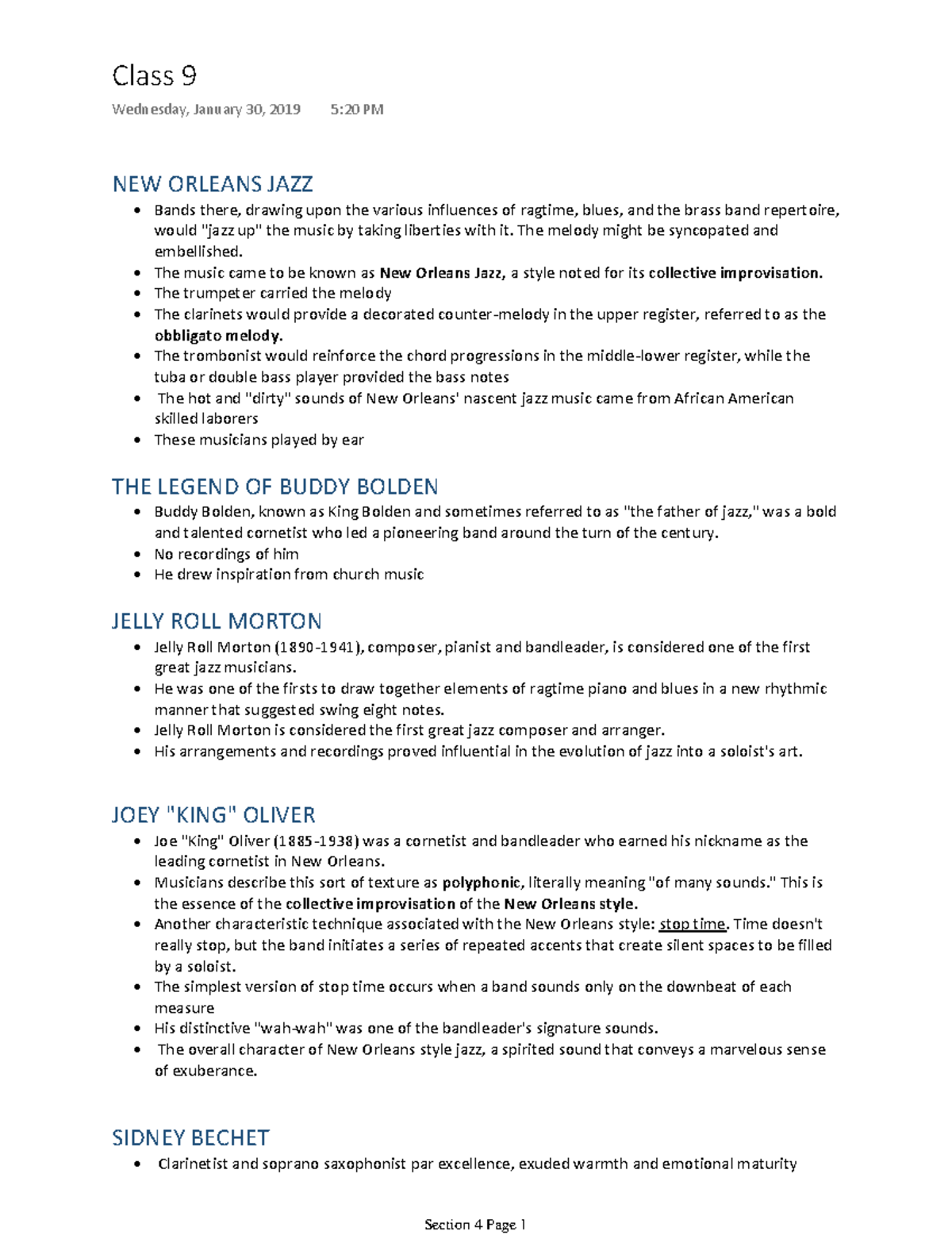 Section 4 Summary History Of Jazz Class 9 Wednesday, January 30
