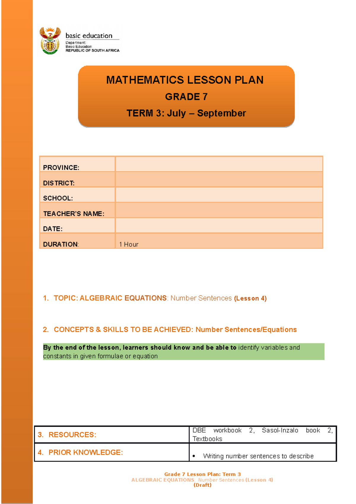 Grade 7 Term 3 Algebraic Equations Lesson 4 - PROVINCE: DISTRICT ...