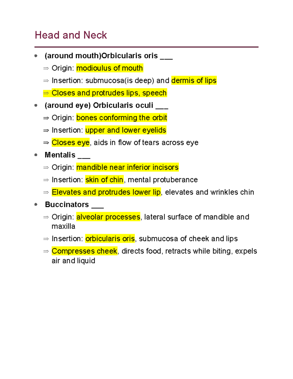 Muscle List Head and Neck around mouth Orbicularis oris