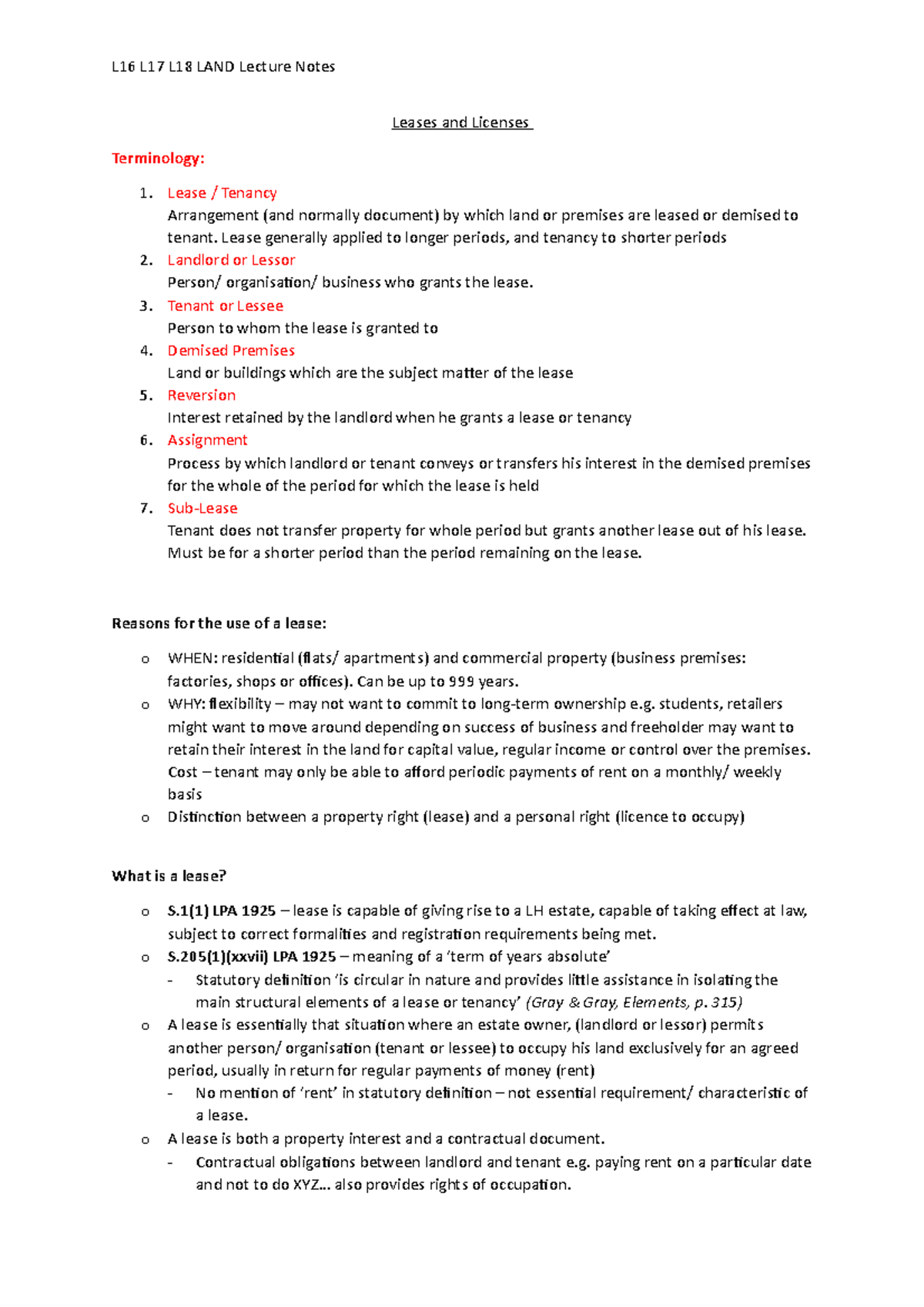 L16 L17 L18 Leases and Licenses - L16 L17 L18 LAND Lecture Notes Leases ...