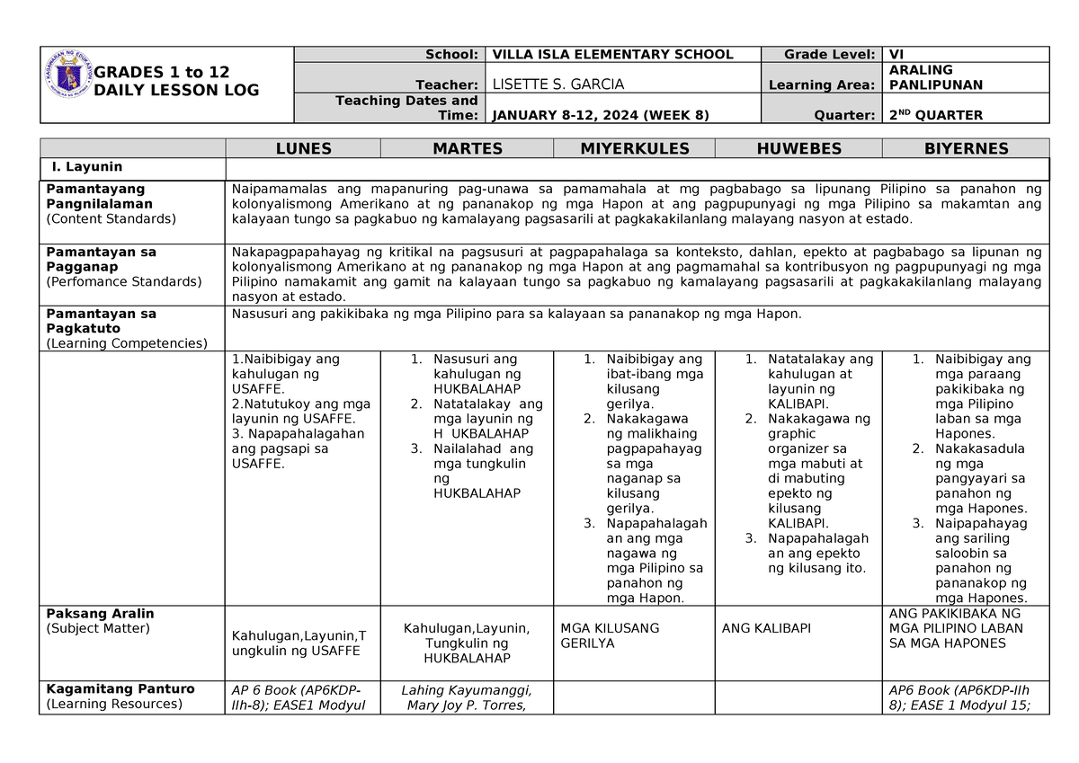 DLL Araling Panlipunan 6 Q2 W8 - GRADES 1 To 12 DAILY LESSON LOG School ...