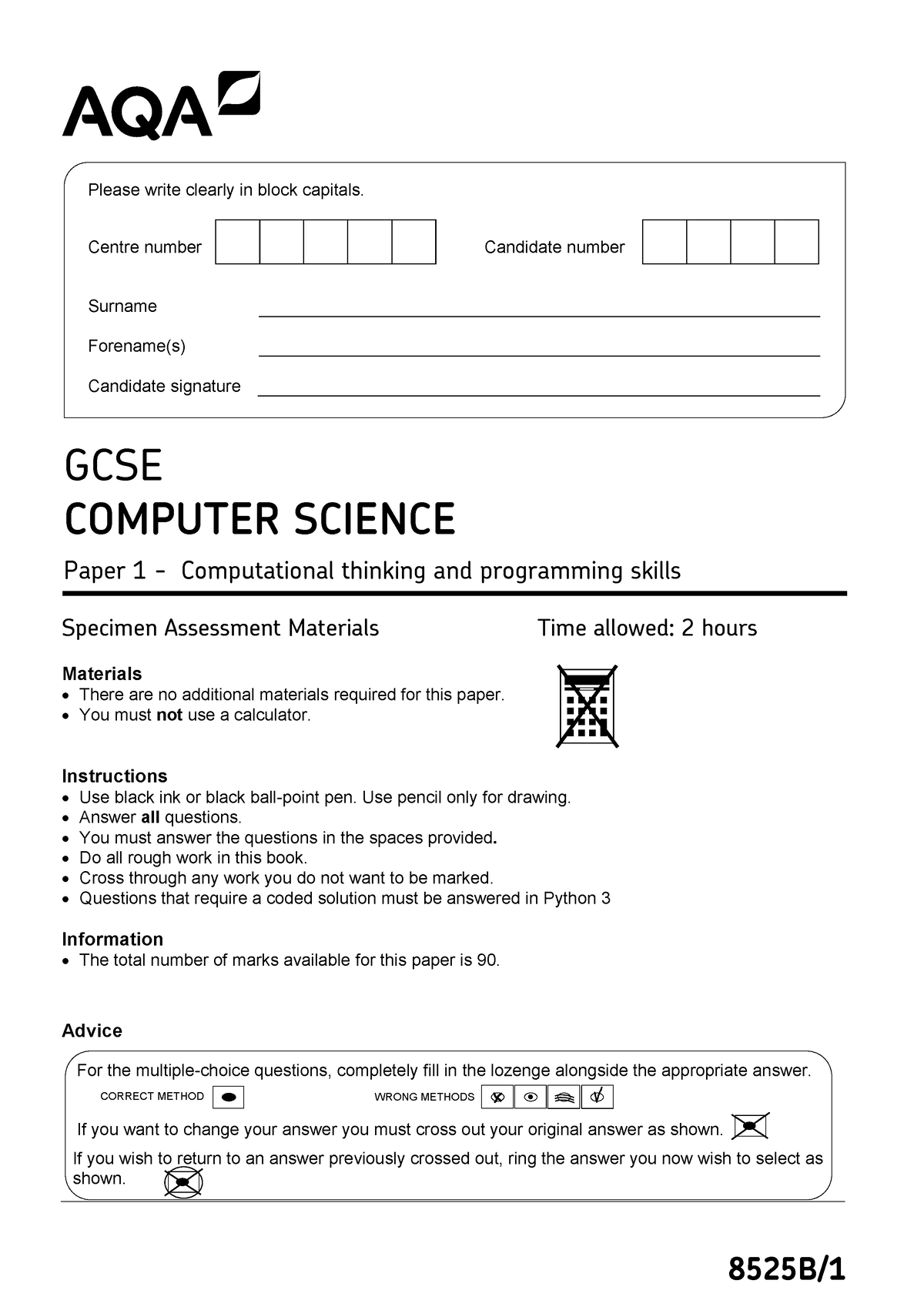 AQA 85251 B SQP S1 - 8525B/ Specimen Assessment Materials Time allowed ...