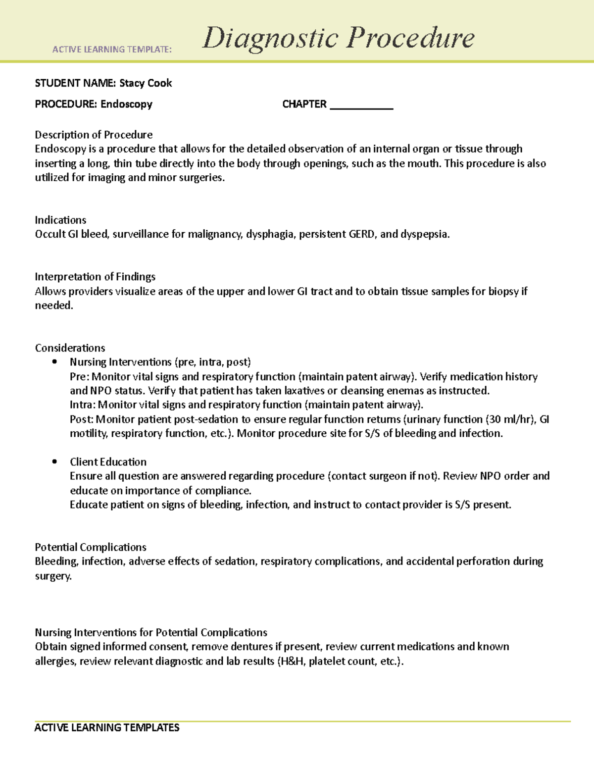 ATI Diagnostic Procedure Endoscopy STUDENT NAME Stacy Cook