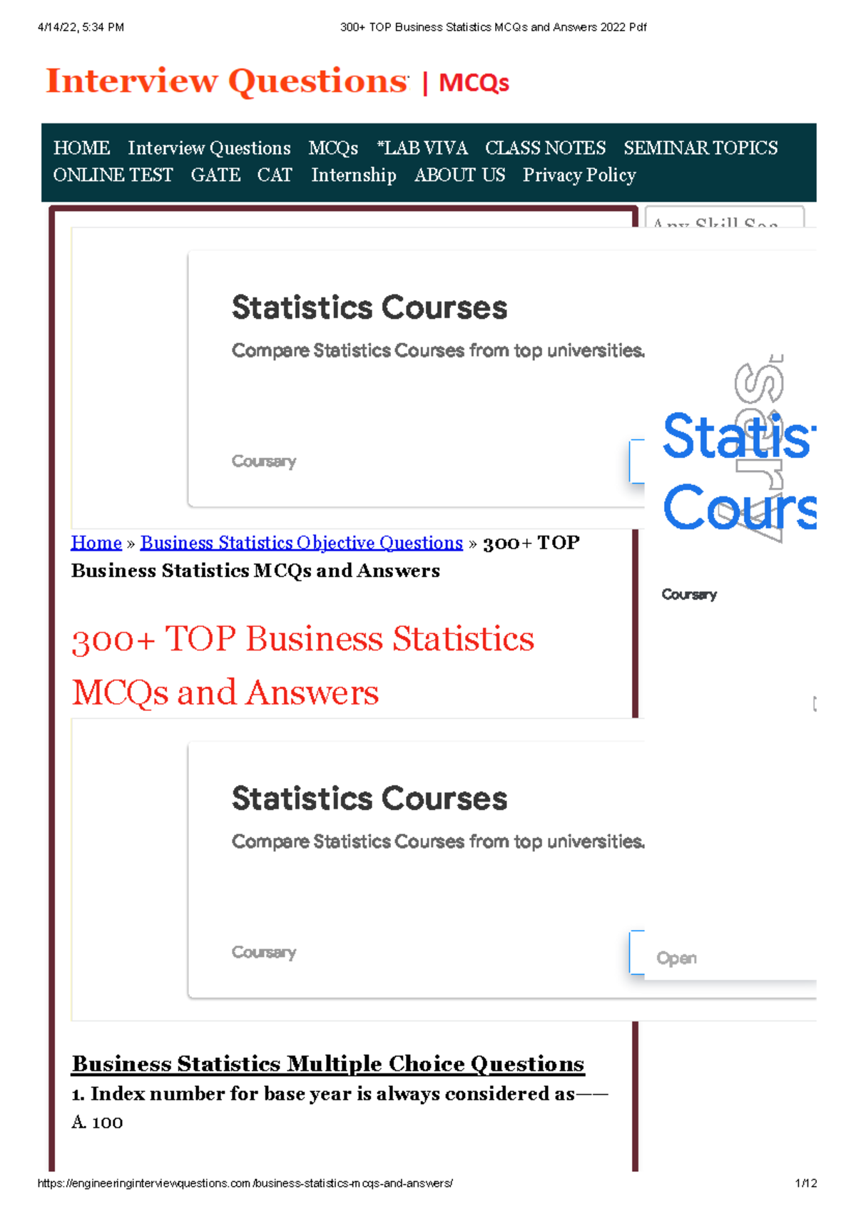 300+ TOP Business Statistics MCQs and Answers 2022 Pdf - Business ...