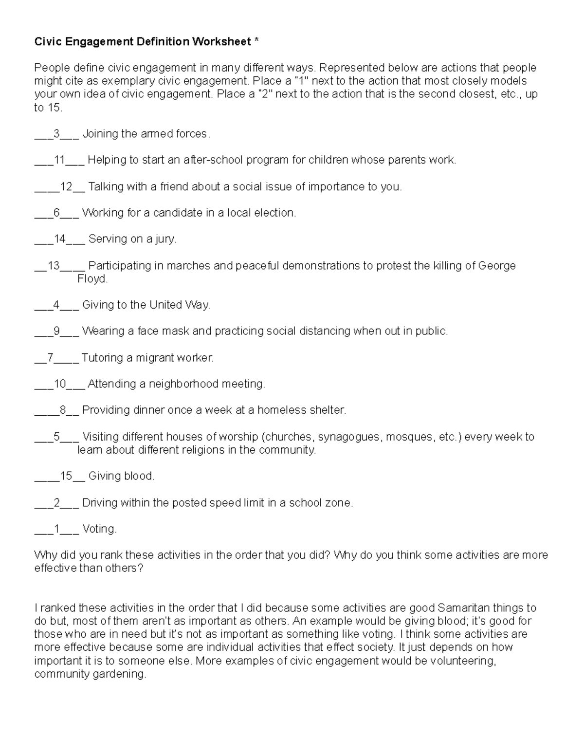 Civic Engagement Definition Worksheet Represented below are actions