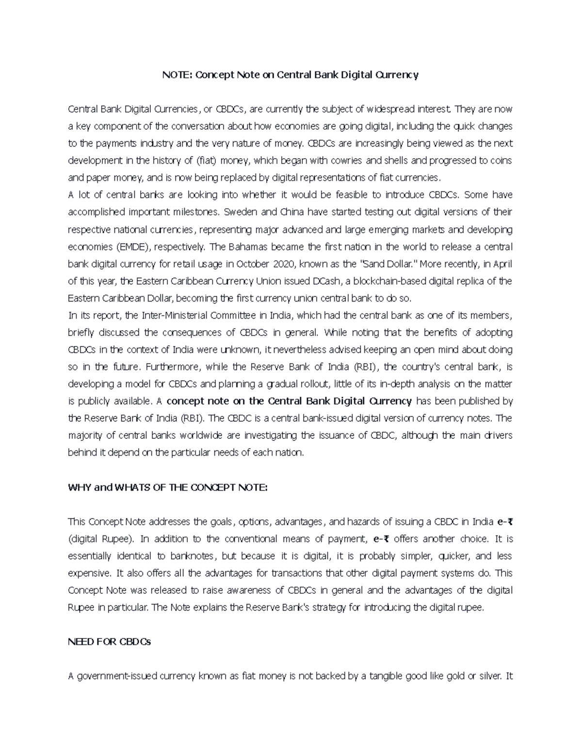 CBDC - NOTE: Concept Note on Central Bank Digital Currency Central Bank ...
