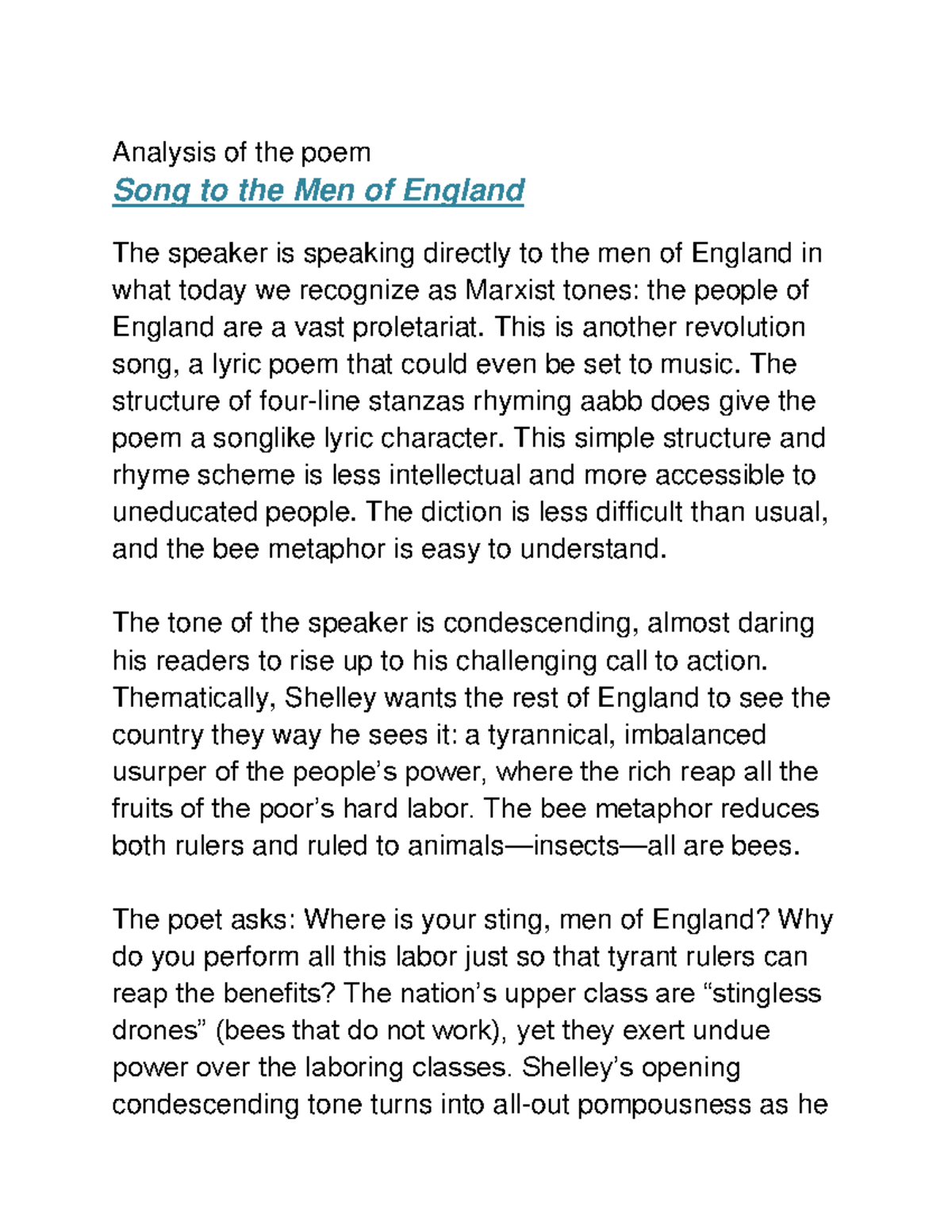 English Summary Analysis of the poem Song to the Men of England The