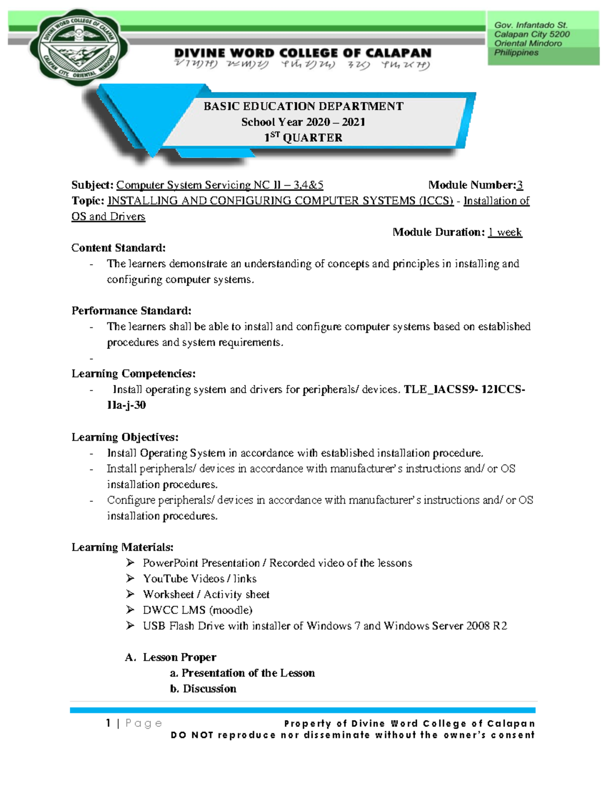 Module 3- Computer System Servicing - 1 | P a g e P r o p e r t y o f D ...