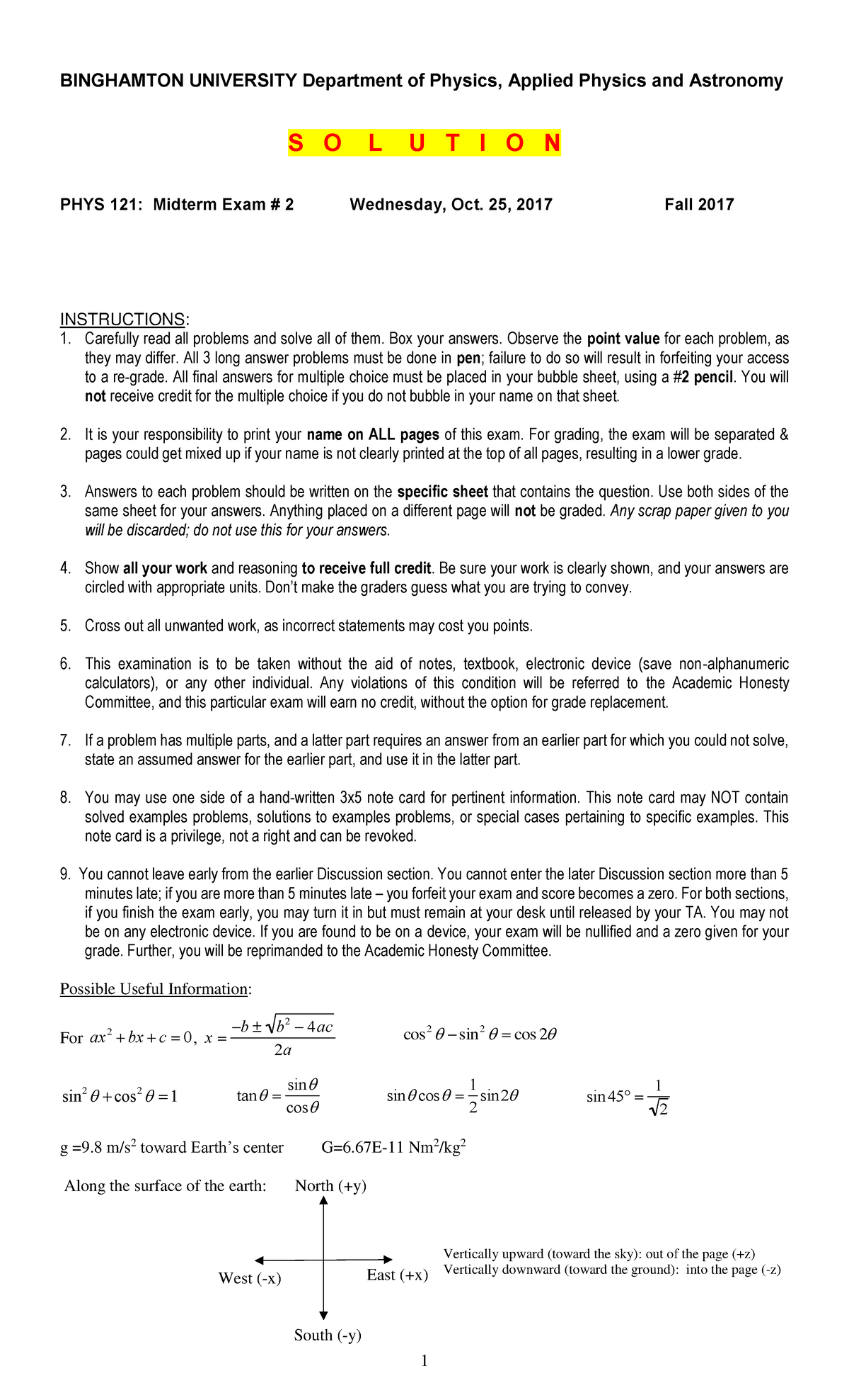 Exam 2 2017 - EXAM 2 test - BINGHAMTON UNIVERSITY Department of Physics ...