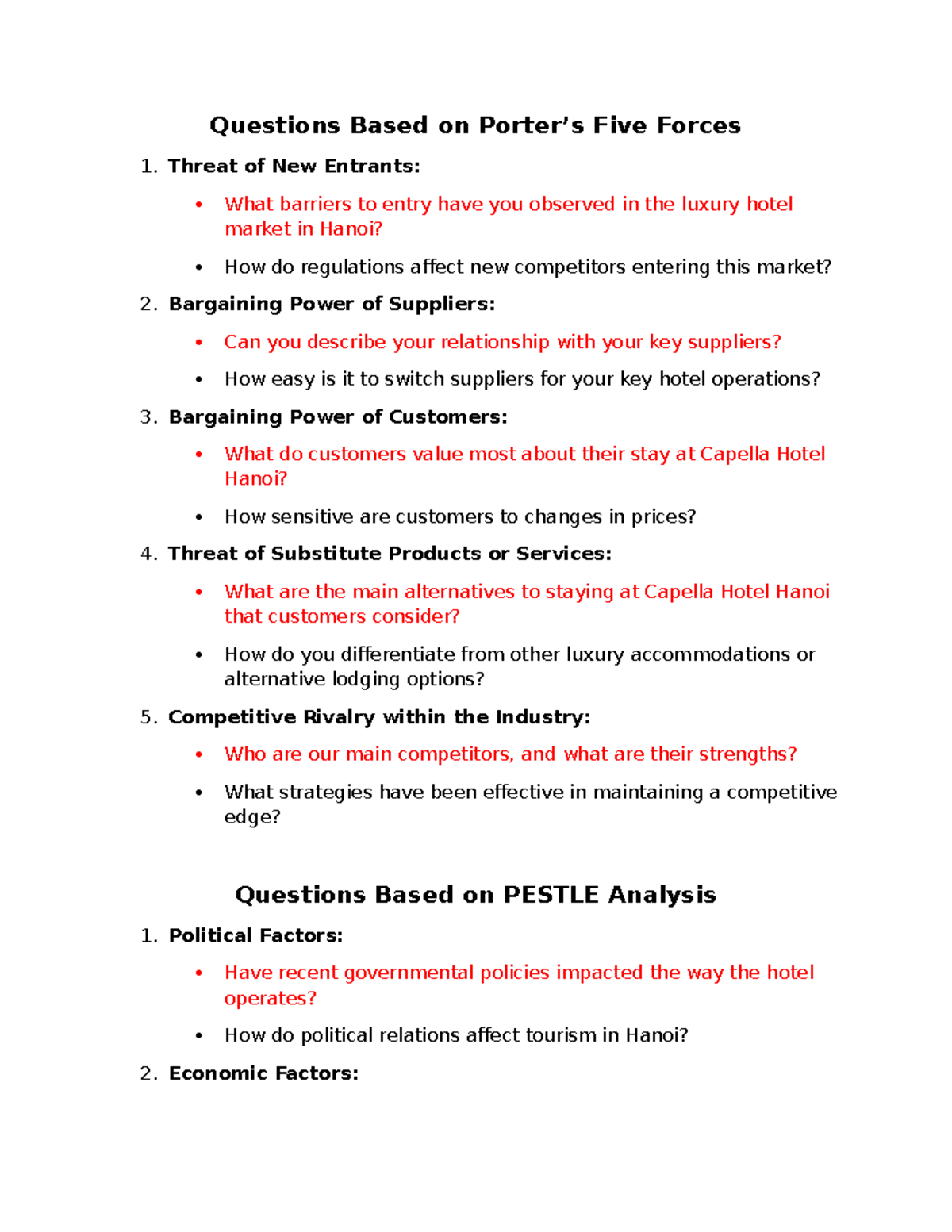 Questions for Field Trip Questions Based on Porter’s Five Forces 1