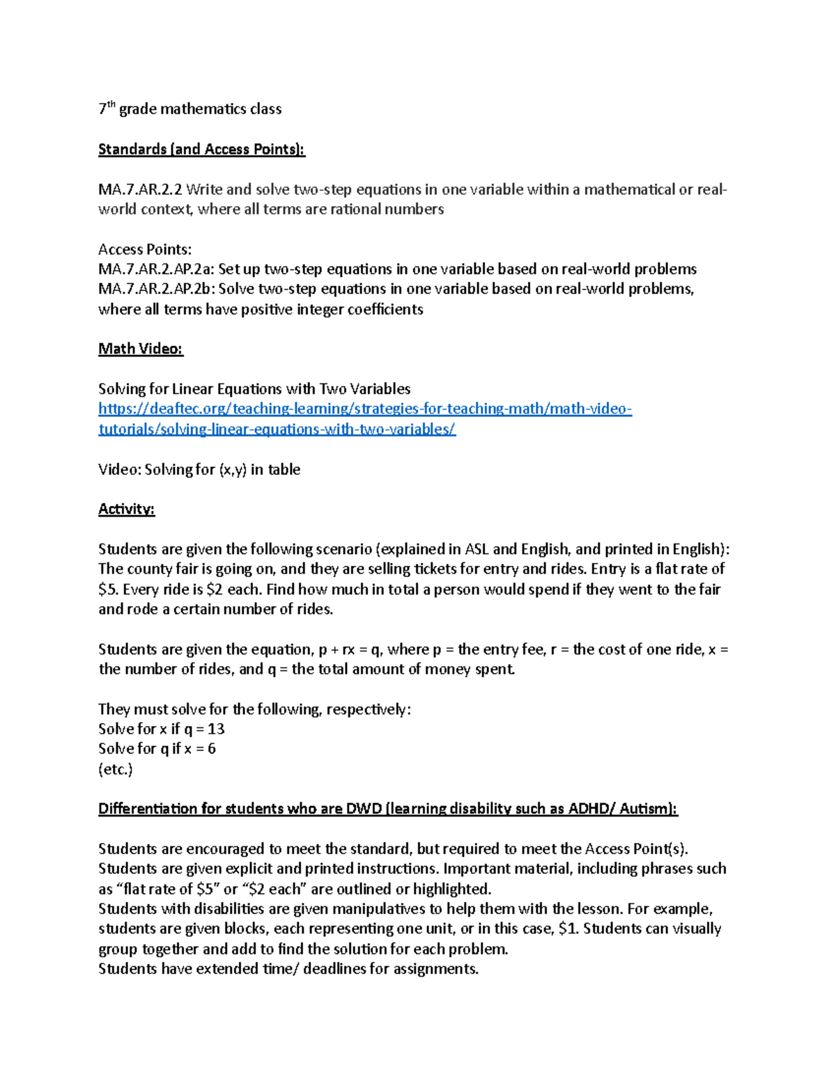 Deaf Tec- Math Strategies - 7 th grade mathematics class Standards (and ...