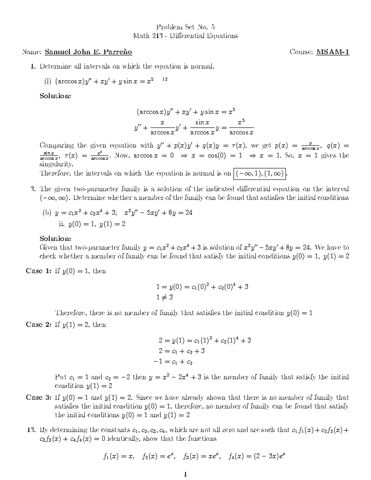 Problem Set No. 5 - Differential Equations - UM - StuDocu