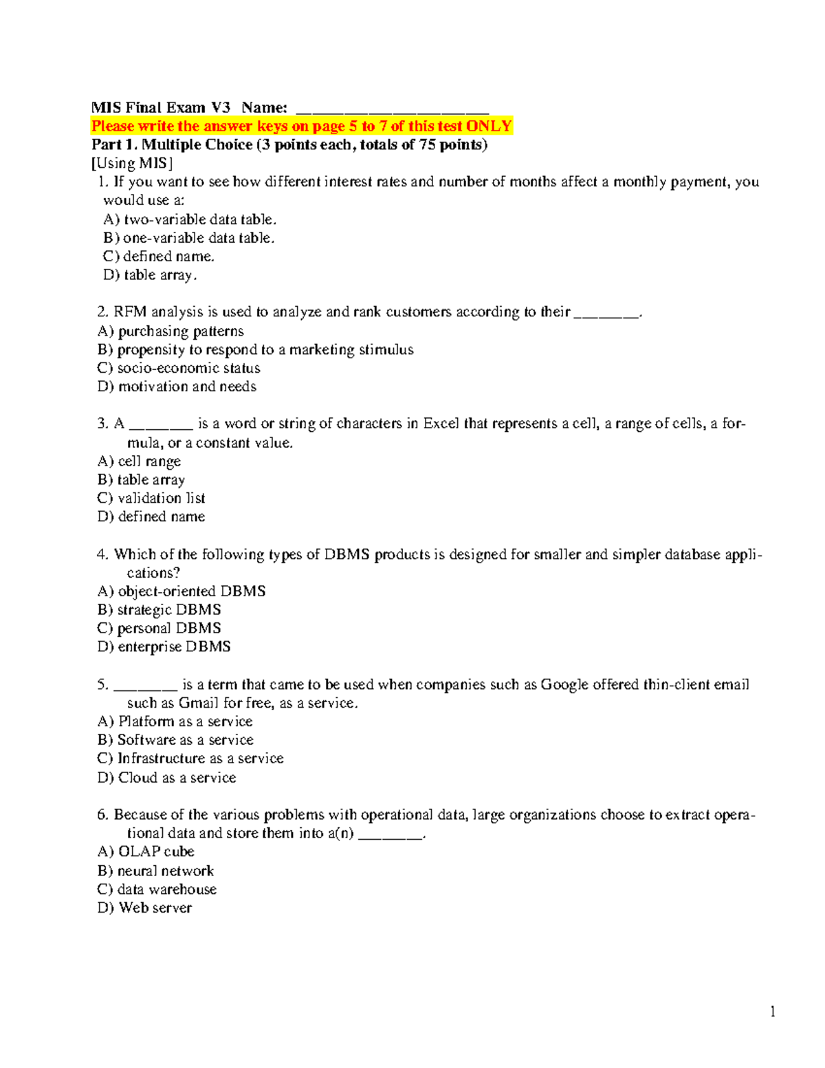 Final Exam Test File MIS Final Exam V3 Name final-exam-f19-solutions-math-2270-studocu