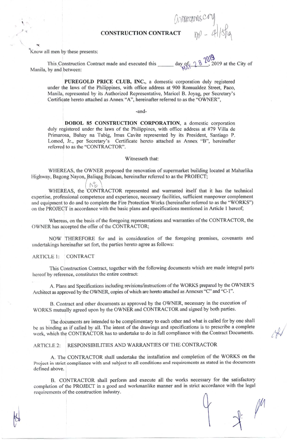 Construction Contract for Puregold NE Baliuag - Civil engineer - Studocu