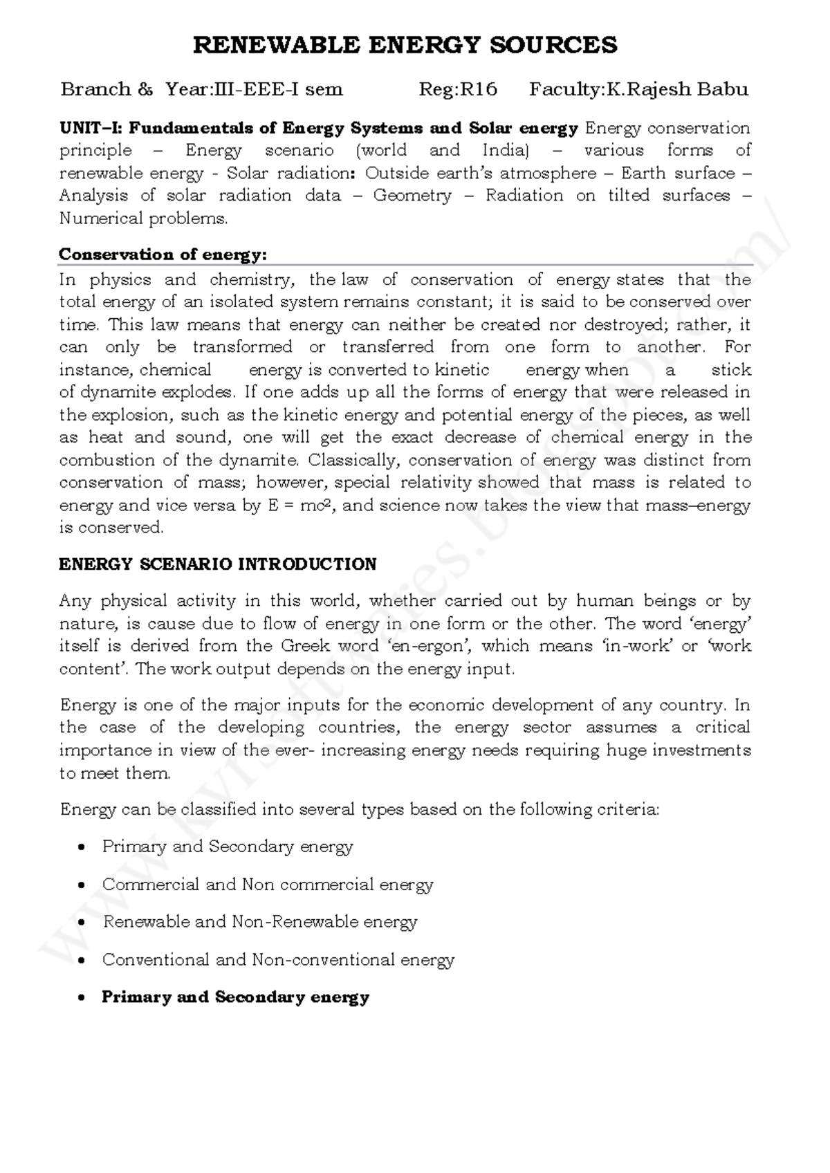 UNIT-1 - IMPORTANT NOTES - RENEWABLE ENERGY SOURCES Branch & Year:III ...