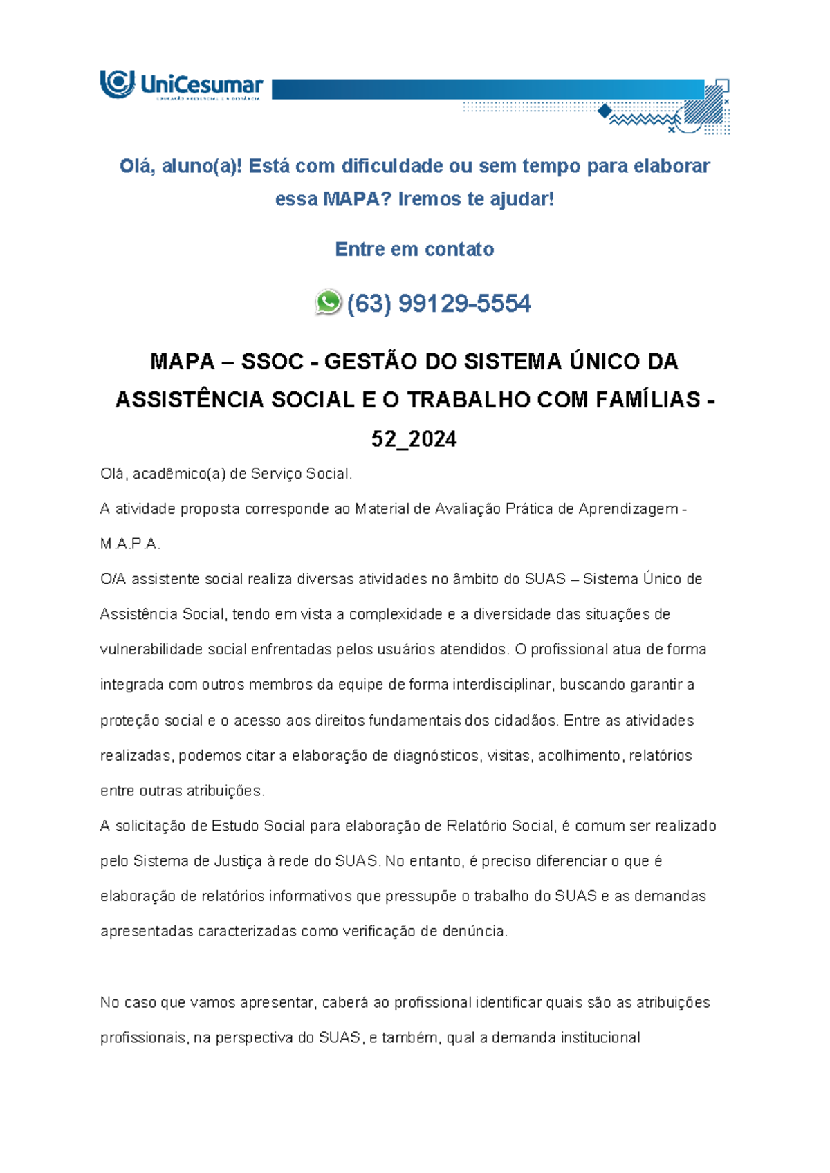 MAPA - SSOC - GESTÃO DO SISTEMA ÚNICO DA ASSISTÊNCIA SOCIAL E O ...