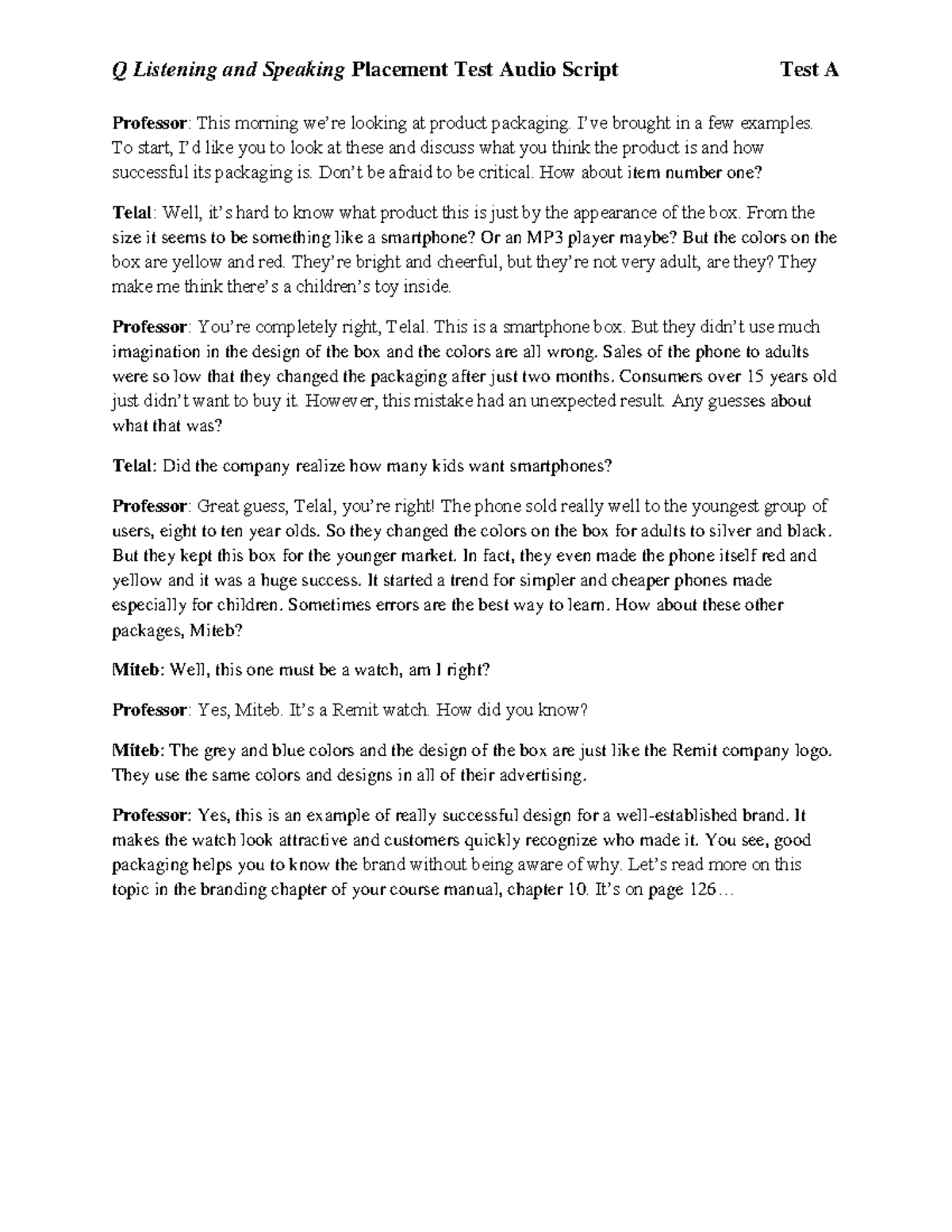 Q2e LS Placement Test A Audio Script - Q Listening and Speaking ...